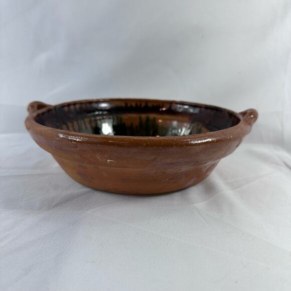 Vintage Handmade Drip Pottery Bowl With Handles  Brown Green *Has Small Crack* - Picture 10 of 11